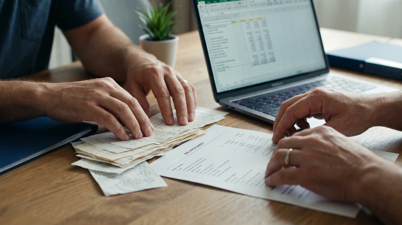 Equipe conferindo documentos e planilhas de prestação de contas sobre uma mesa